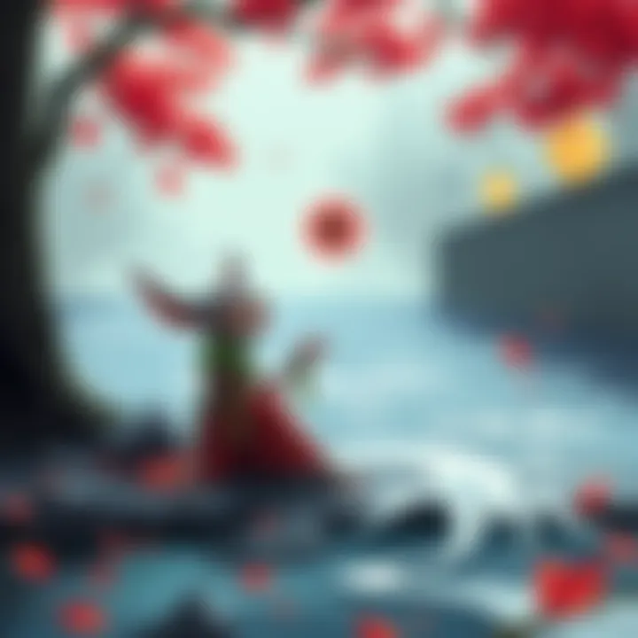 A laundry goblin playfully questioning Yōmu near a flowing river, with whimsical art style by Guanin.