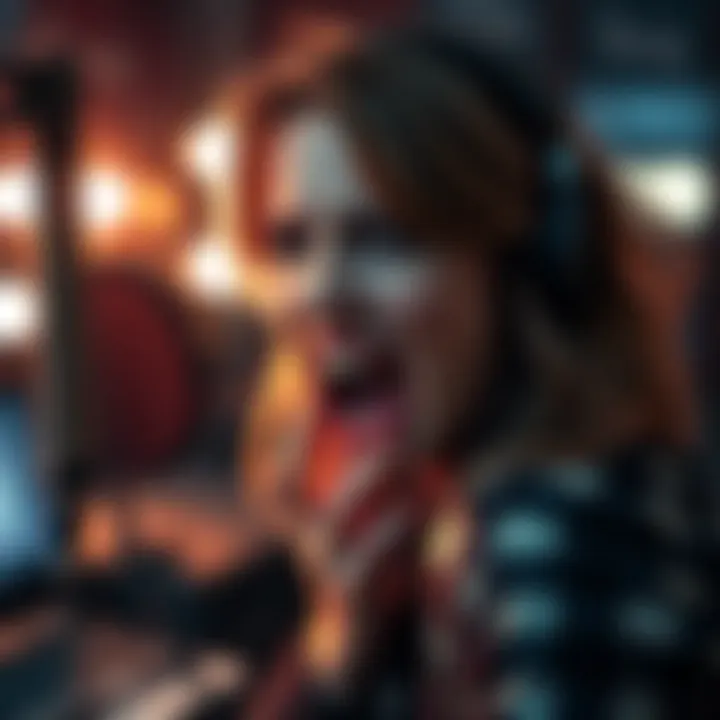 Laura Bailey passionately recording her voice, showing intense emotion in a studio setting