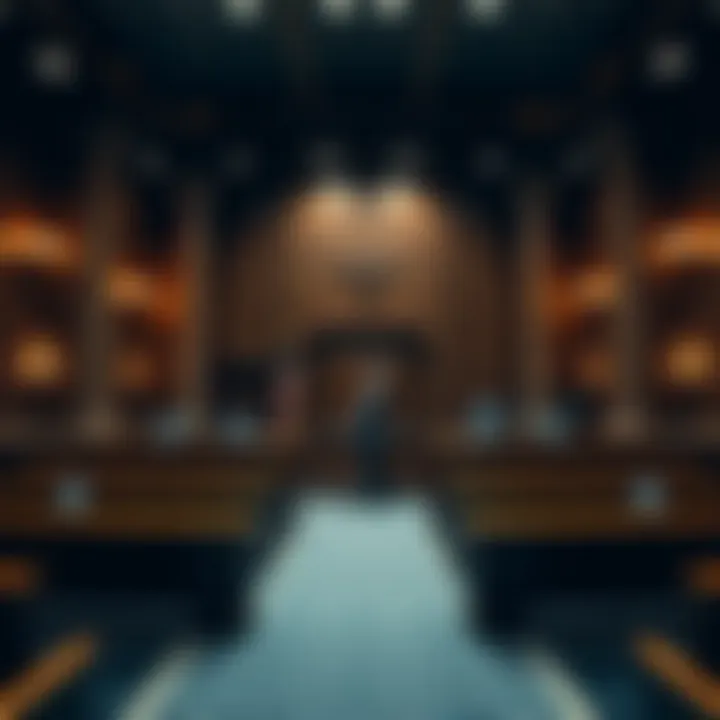 A lawyer stands in a courtroom, looking contemplative while preparing for a controversial case.