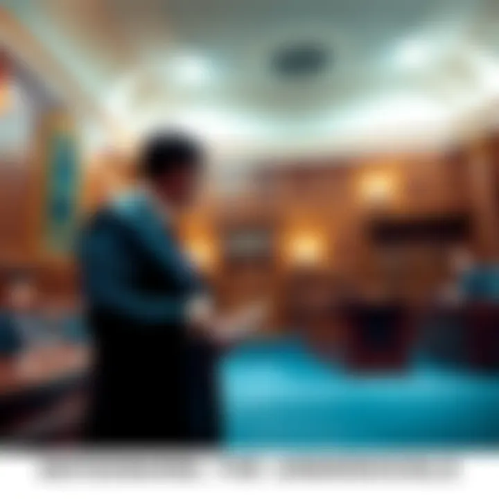 Lawyer in Court A defense attorney stands in a courtroom, presenting a case to the judge and jury.