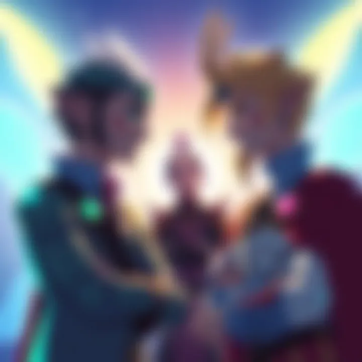 Laxus and Makorav engage in a serious conversation about the impact of Fairy Law, with Mavis looking on thoughtfully in the background