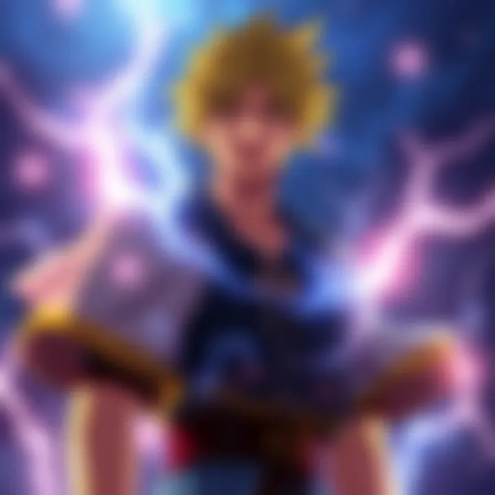 Laxus standing in a dramatic pose with a serious expression, contemplating Natsu's family background, with energy crackling around him.