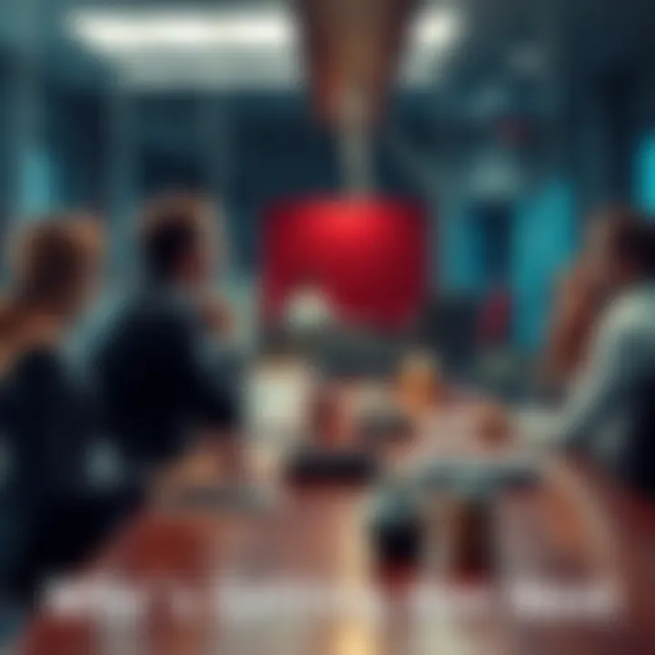 Group of anxious employees discussing potential layoffs around a conference table