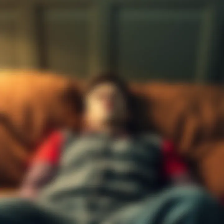 Image Showing Laziness Concept A person lying on a couch with minimal effort, looking defeated and uninterested in work, reflecting the idea of laziness.