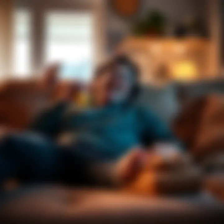 A funny lazy meme A simple lazy meme showing a person lying on a couch with a snack in hand, laughing at a phone screen