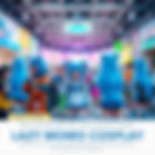 A group of people dressed in Lazy Momo cosplay outfits, showcasing their creativity and character designs at a lively community event.