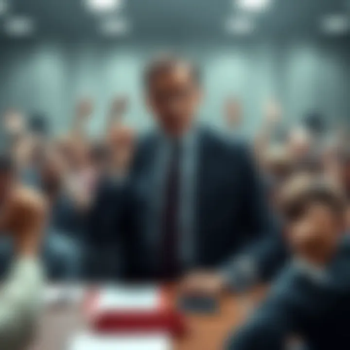 A confused leader speaking in front of a chaotic crowd during a meeting, illustrating the confusion in decision-making