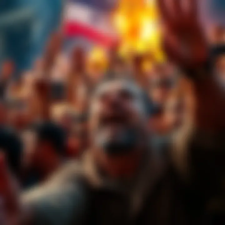 A crowd passionately expressing anger towards the treatment of a leader, showing signs of betrayal and frustration