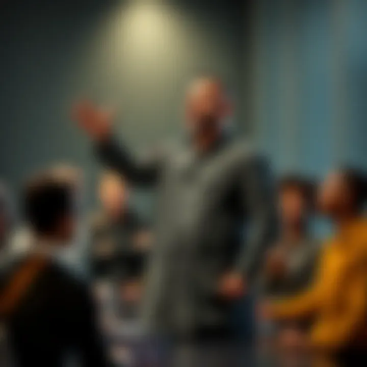 A passionate leader standing in front of a diverse group of team members, inspiring them during a meeting