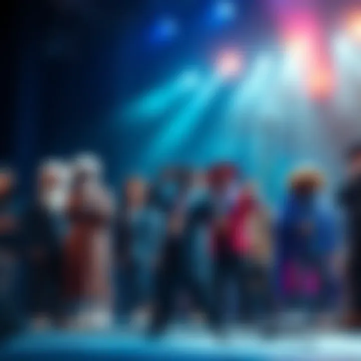 A vibrant rap cypher scene with diverse historical leaders portrayed as hip-hop artists, performing on stage with microphones and a lively audience.