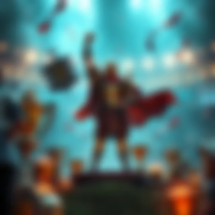 A character standing victorious in a league battle, surrounded by trophies and memories of past achievements