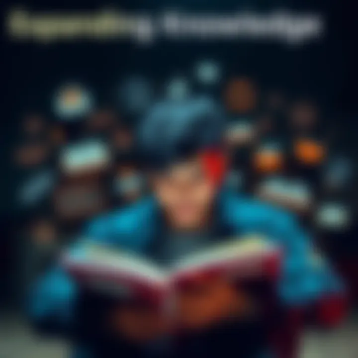 A person reading a book with various icons representing knowledge around them