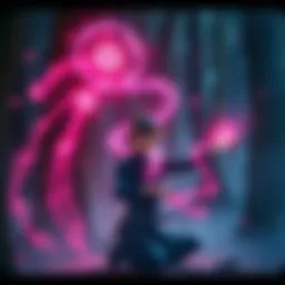 A person practicing Nen techniques with an aura around them, surrounded by a magical atmosphere in a forest setting, representing the HunterxHunter universe.