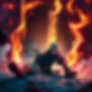 Lee struggles on the ground with a serious leg injury after attempting to unlock the fifth gate against Gaara, showcasing his determination despite the pain.