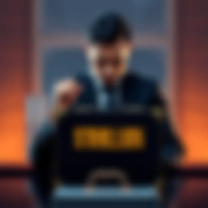 A lawyer contemplating a case with a $1 million briefcase in front of them, representing a high-stakes legal defense challenge.