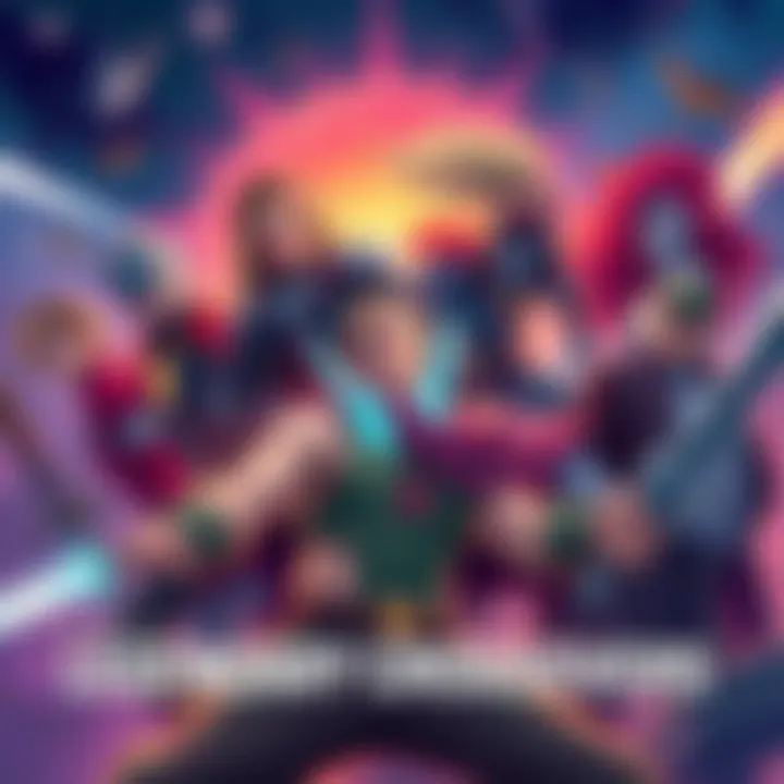 Illustration of beloved characters from various stories coming together in an exciting scene, showcasing their unique styles and abilities.