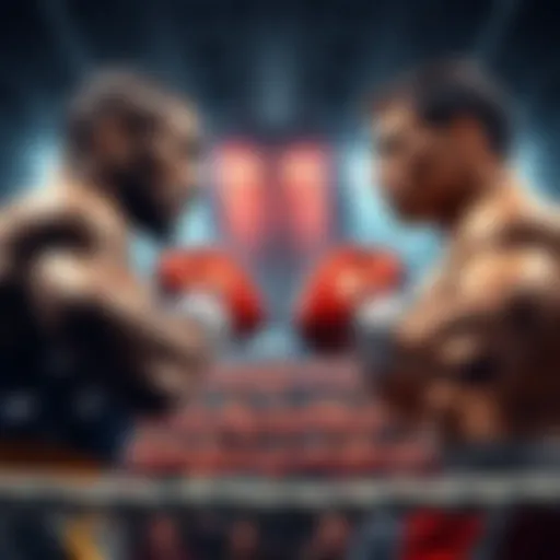 Two famous fighters face off in an intense boxing ring, surrounded by an enthusiastic crowd.