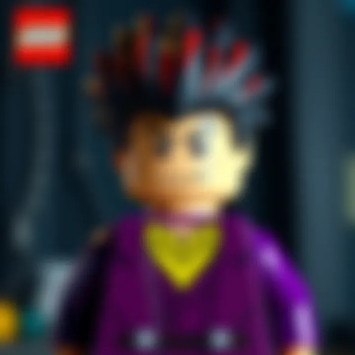 A detailed view of the Lego Josuke Higashikata figure, showcasing his unique hairstyle and outfit from Jojo's Bizarre Adventure.