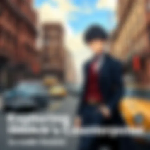 Lelouch's counterpart dressed in stylish 1960s clothing, standing against a backdrop of historic buildings and vintage cars