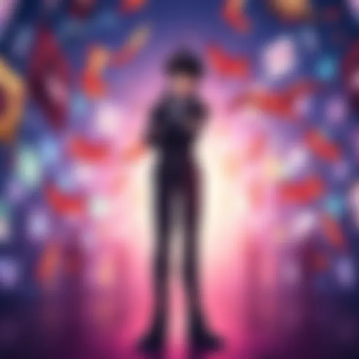 Lelouch dressed in his signature outfit, with vibrant fan art illustrations surrounding him, showcasing his popularity among fans