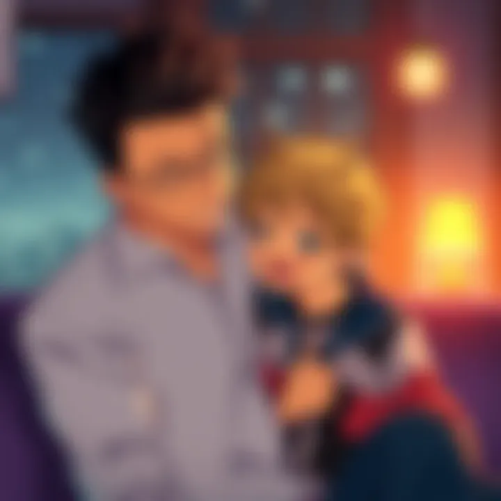 Leorio caring for a child, displaying warmth and parental love in an anime setting