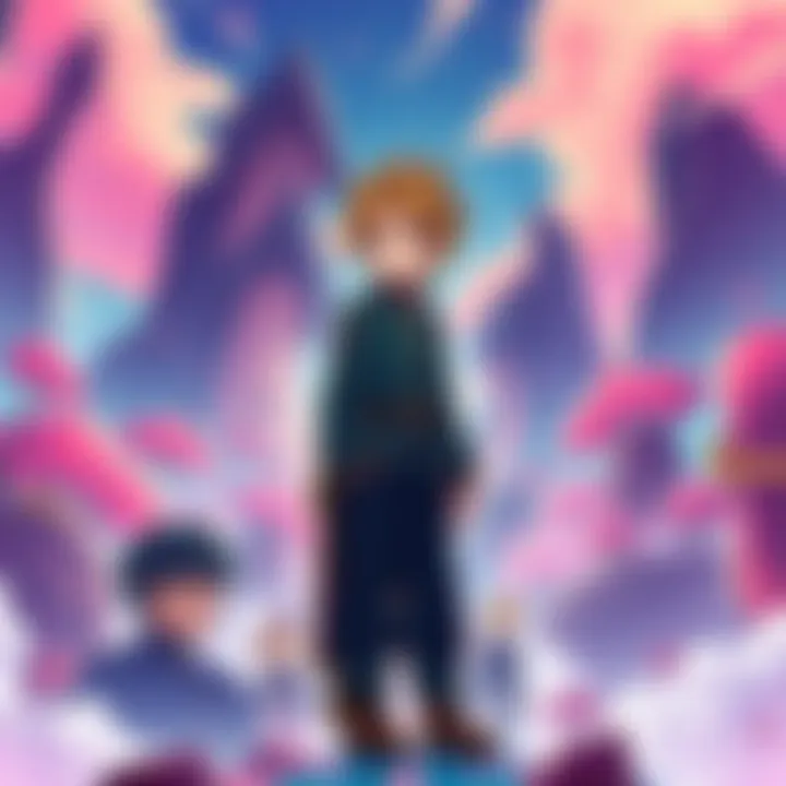 Leorio standing confidently in a colorful landscape of Greed Island, surrounded by other characters from Hunter x Hunter, showcasing his growth and determination in the game.