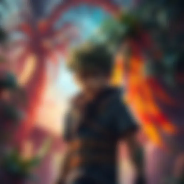 Leorio has a determined look as he stands ready to confront a mysterious rival in a vibrant jungle setting of the Dark Continent.