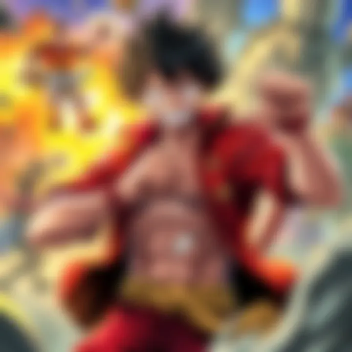 Level 90 Luffy showcasing his strength, weighing options between health and attack strategies, with a vibrant background of a battle scene.