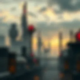 A detailed view of a dieselpunk city with biopunk features, showcasing industrial buildings and organic technology, set against a moody sky.