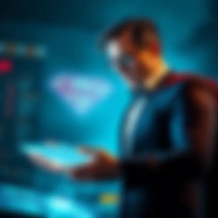 Lex Luthor, in a suit, studies a holographic display while plotting strategies against Superman, showcasing his intelligence and cunning.
