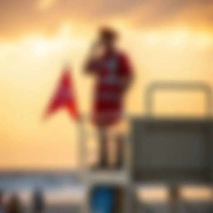 A lifeguard captain watches over beachgoers while standing on a lifeguard tower, ready to ensure their safety.