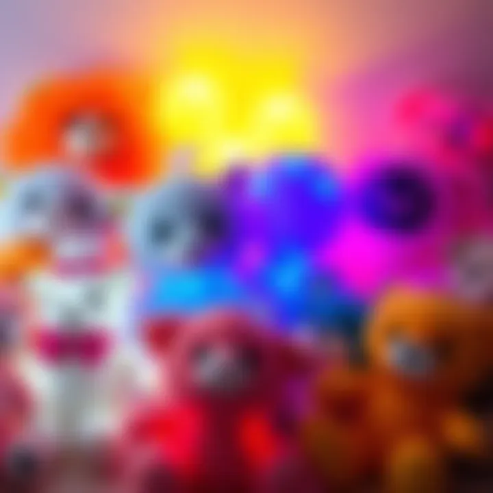A variety of soft light plush toys displayed together, showcasing different styles and colors.