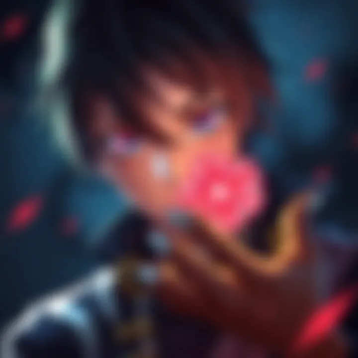 Character Light holding the Shinigami Eyes, showing a focused expression, with a dark background reflecting his complex choices.