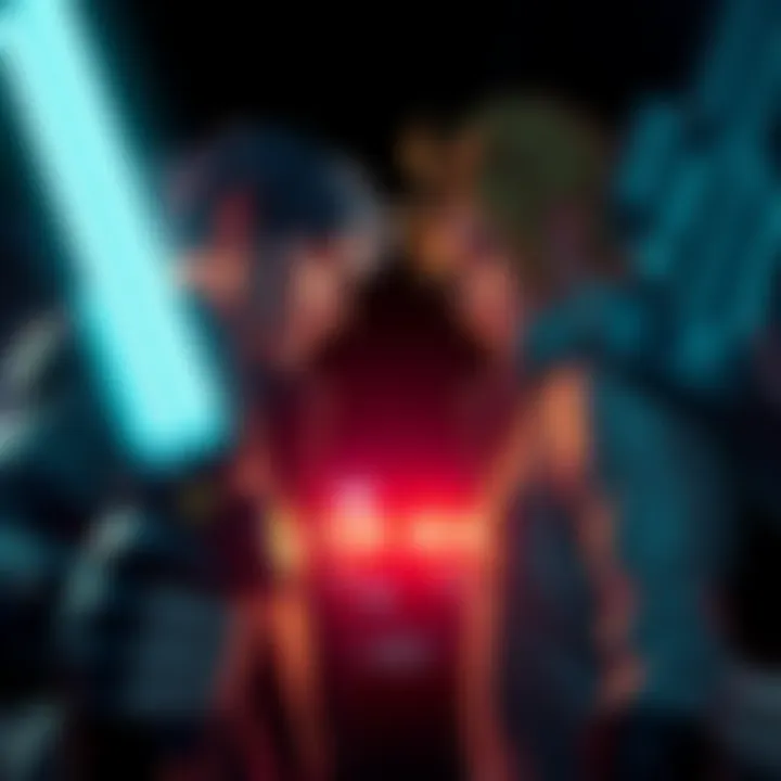 A dramatic standoff between Light and L, showcasing their emotional intensity and rivalry in a dark setting.