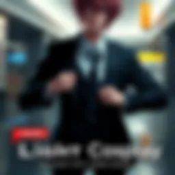 Person dressed as Light Yagami showcasing a stylish black suit and tailored shirt with signature hairstyle