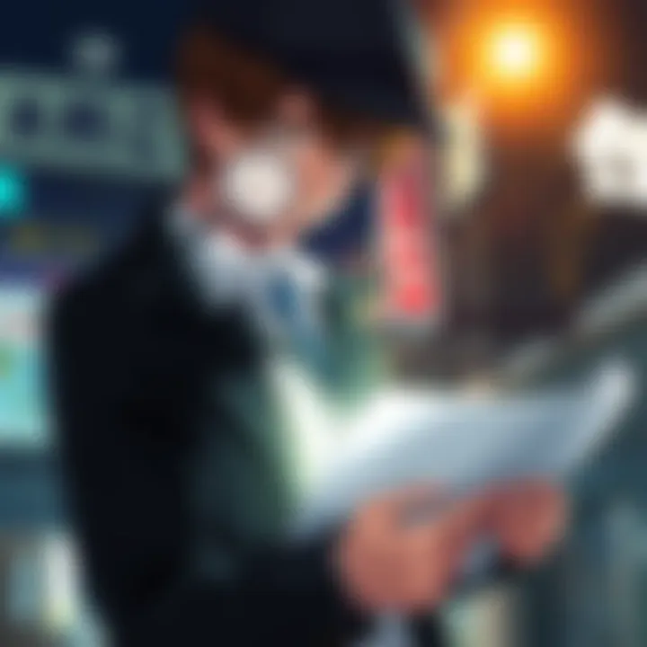 Light Yagami dressed as a detective, holding a magnifying glass and examining a case file in an urban setting, with a thoughtful expression.