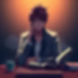 Light Yagami sitting at a desk, deep in thought, with the Death Note open in front of him and a serious expression, looking conflicted about his choices in battle against L.