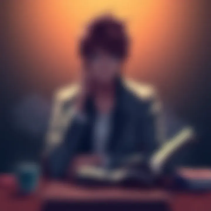 Light Yagami sitting at a desk, deep in thought, with the Death Note open in front of him and a serious expression, looking conflicted about his choices in battle against L.