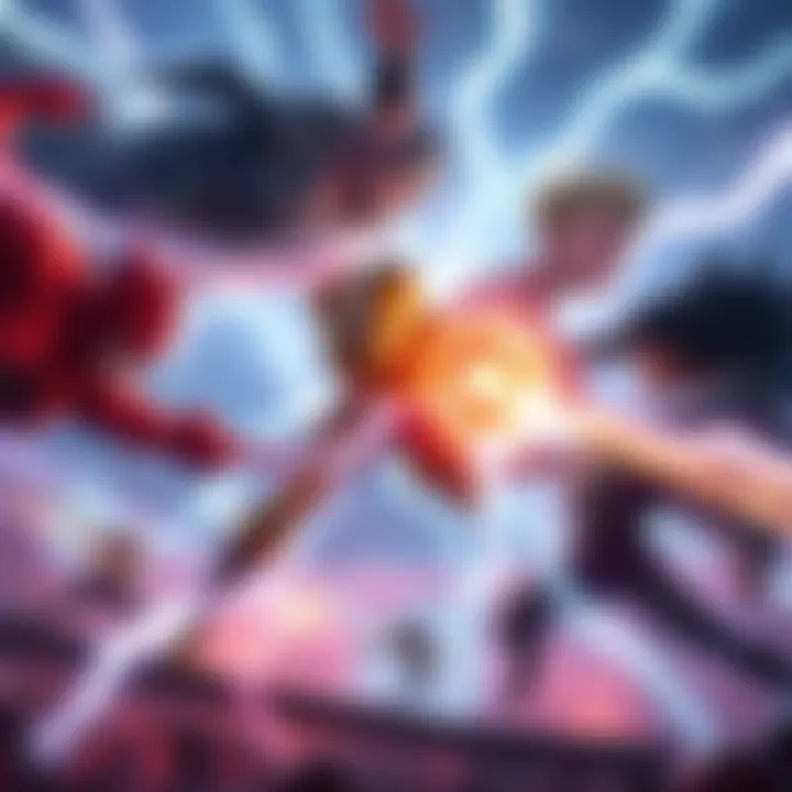 Various characters with lightning powers engage in an epic battle, showcasing their abilities and strength.