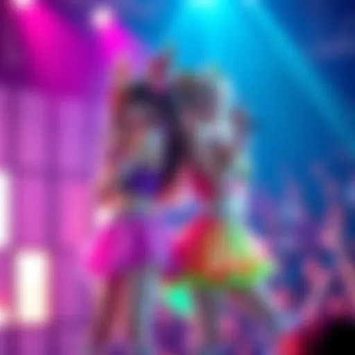 Lina Inverse and Amelia Wil Tesla Saillune dressed in colorful idol costumes, performing on stage and engaging with their fans.