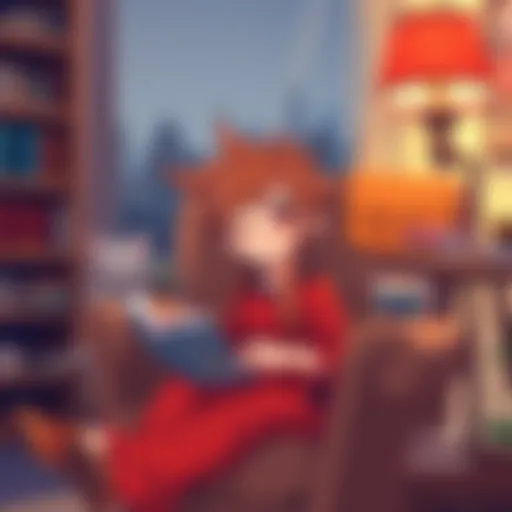 Lina Inverse, a young girl with long spiky hair and a red outfit, relaxes with a warm smile in a comfortable chair surrounded by books and snacks, representing comfort and happiness.