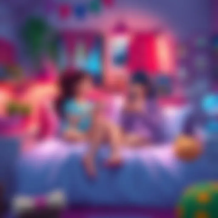Linna and Nene sitting on a bed during a sleepover, sharing snacks and laughing together in a cozy room filled with colorful decor.
