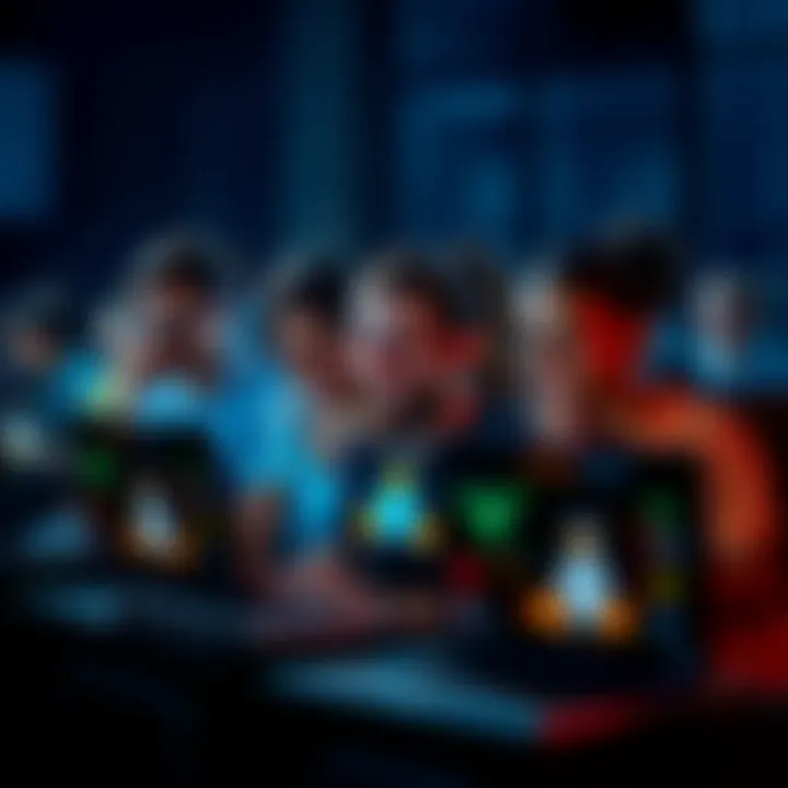 A group of diverse people collaborating and using Linux on laptops, with supportive expressions and various customization on screens.