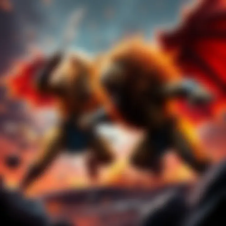 A fierce battle scene between Lion El'Johnson and Battle Beast in a dramatic setting, showcasing their combat skills and tactics.