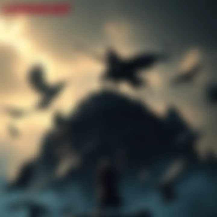 A dark figure representing Lionheart stands atop a crumbling Beacon, symbolizing his role in its destruction, with shadows of falling kingdoms in the background.