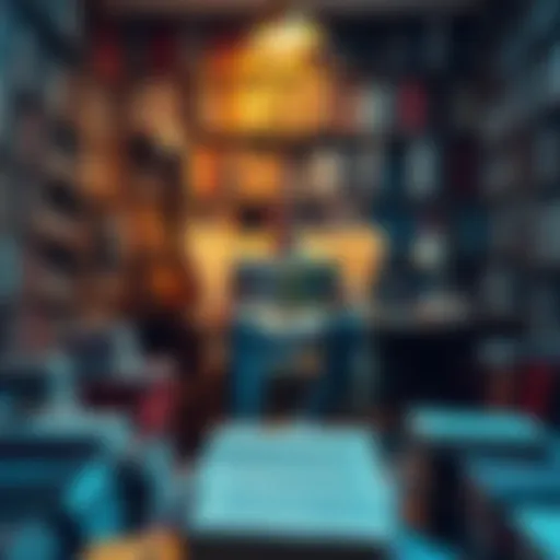 A person sitting comfortably in a cozy chair, deeply focused on reading a book surrounded by shelves of literature.