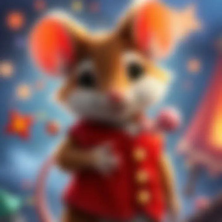 A charming little mouse wearing a bright red vest, surrounded by magical elements that illustrate the story's heart.