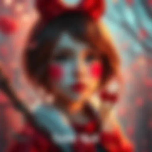 Artwork showing Little Red with flushed cheeks, surrounded by vibrant colors and details that express emotion.