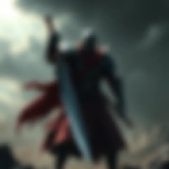 Live-action Berserk concept art Concept art showing a dark fantasy setting with a warrior resembling Guts from Berserk, wielding a large sword, surrounded by dramatic shadows and scenery.