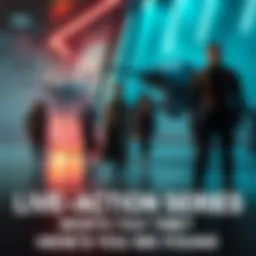 A scene from the live action series showing characters in a futuristic setting with minimal mechs in the background